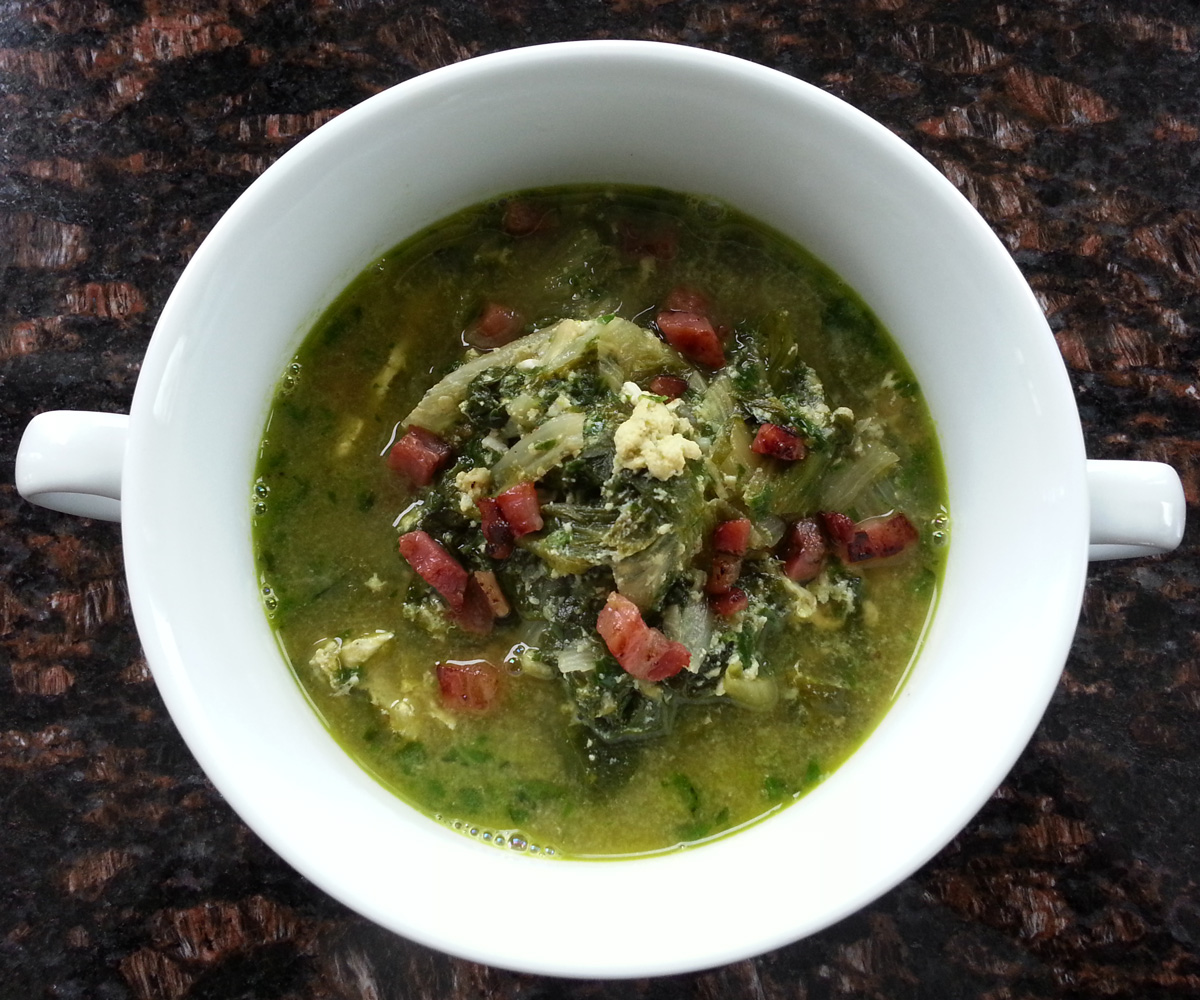 Escarole and Egg Soup with Pesto and Crispy Pancetta