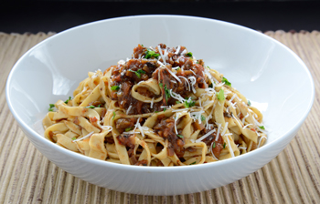 Tagliatelle with Beef Braciole in Red Wine and Tomato Sauce